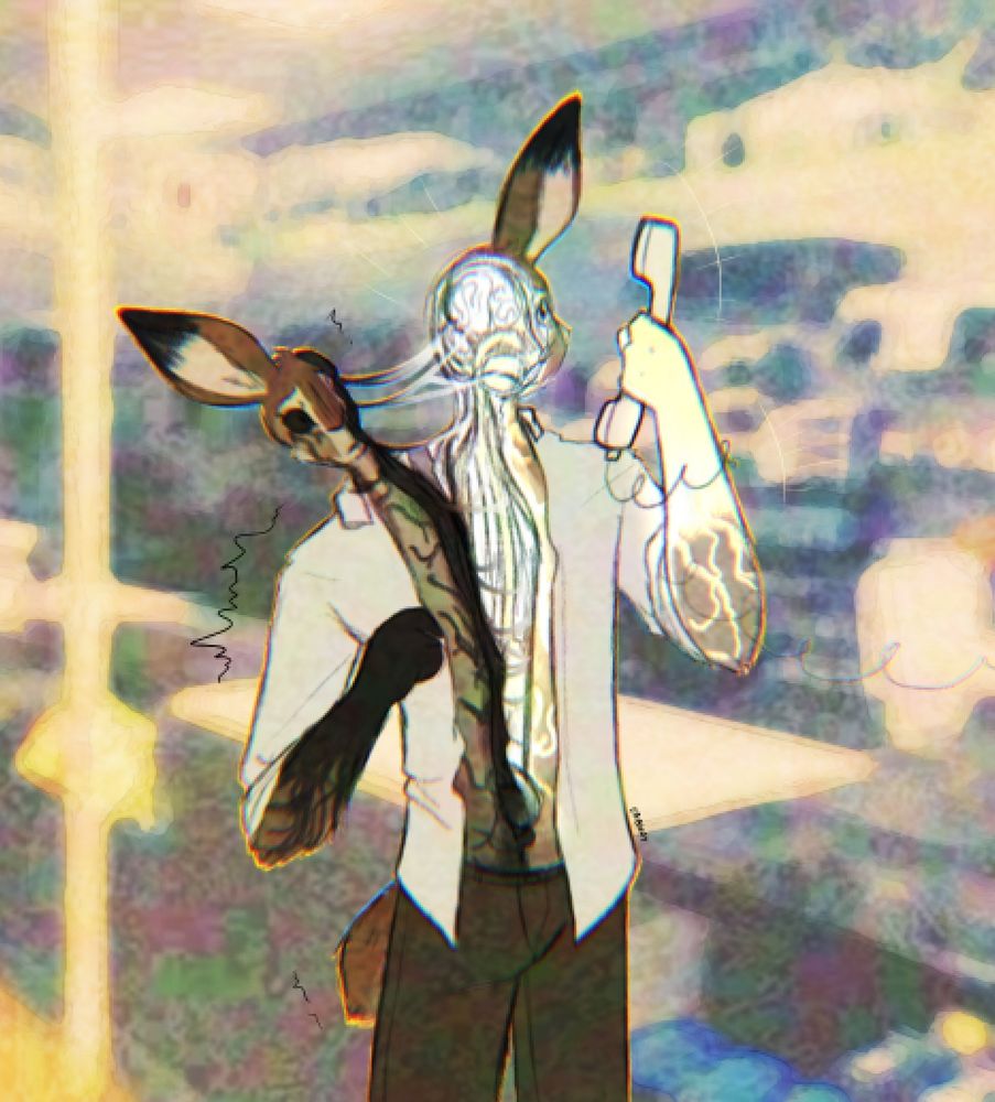 An anthropomorphic hare slowly being ripped in half lengthwise. His right side has inky black corruption spreading down his arm and body from the inside, and his left side has glowing white corruption spreading acrosd his body and down his arm from the inside. He is holding a phone in his left hand.