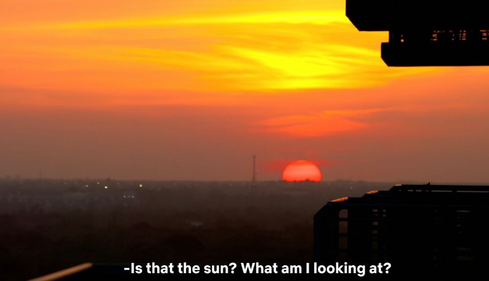 A screen grab from an American reality tv program with captions indicating that a participant is looking at what is clearly the sun setting and asking if what they are looking at is the sun setting. 