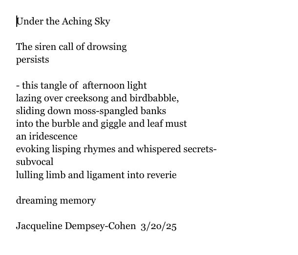 
Under the Aching Sky

The siren call of drowsing
persists 

- this tangle of  afternoon light
lazing over creeksong and birdbabble, 
sliding down moss-spangled banks
into the burble and giggle and leaf must
an iridescence
evoking lisping rhymes and whispered secrets-
subvocal
lulling limb and ligament into reverie

dreaming memory

Jacqueline Dempsey-Cohen  3/2o/25
