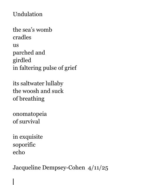 Undulation 

the sea’s womb 
cradles 
us
parched and  
girdled 
in faltering pulse of grief

its saltwater lullaby
the woosh and suck
of breathing

onomatopeia
of survival

in exquisite
soporific
echo

Jacqueline Dempsey-Cohen  4/11/25
