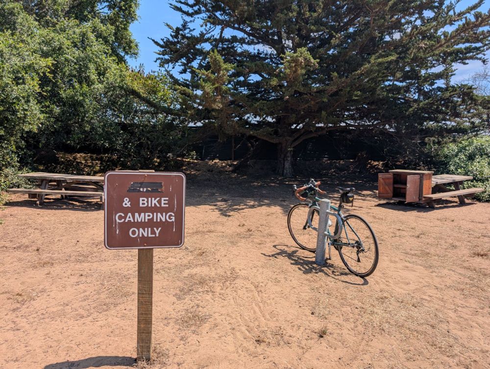 A California State Park campsite signed "Hike & Bike Only." It's a large bare patch of sandy ground lined with evergreen trees. The site features two picnic table with bear lockers, and enough bike racks for at least 6 bicycles. A 20 year old road bike leans against the bike rack visible in the photo.