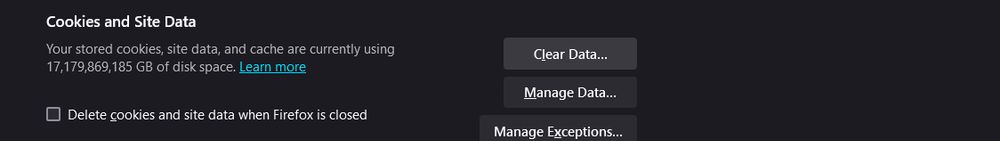 Image of the Firefox cookies and data section with the text "Your stored cookies, site data, and cache are currently using 17,179,869,185 GB of disk space."