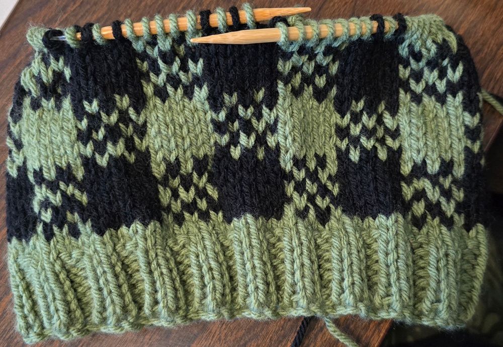Same pattern in green and black but the green looks gray and the black looks dark green. 