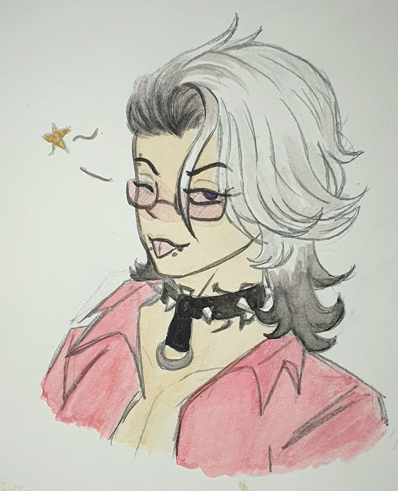 A traditional watercolour artwork of Pavia from the game Reverse 1999. He's shown winking at the Viewer, while poking his tongue out in a playful manner. The most note worthy thing is the fact his hair is longer, Pavia now sporting a mullet.