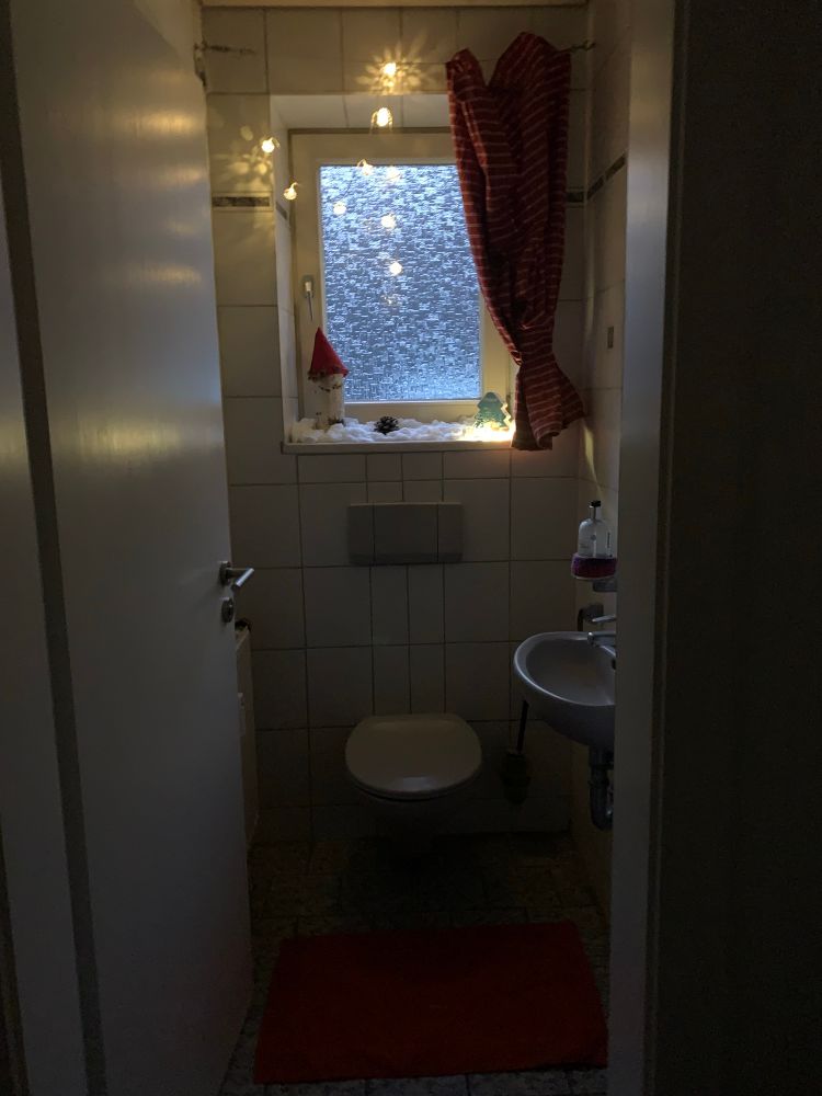 Blick in ein weihnachtlich dekoriertes kleines Gästeklo 