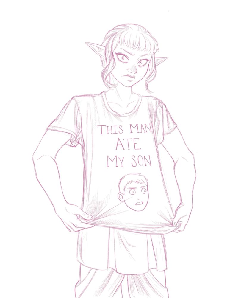 A sketch of thistle from dunmeshi with an oversized t shirt that reads “this man ate my son” above a derpy-looking laios. He has an irate expression and is grasping the front of the shirt firmly. 