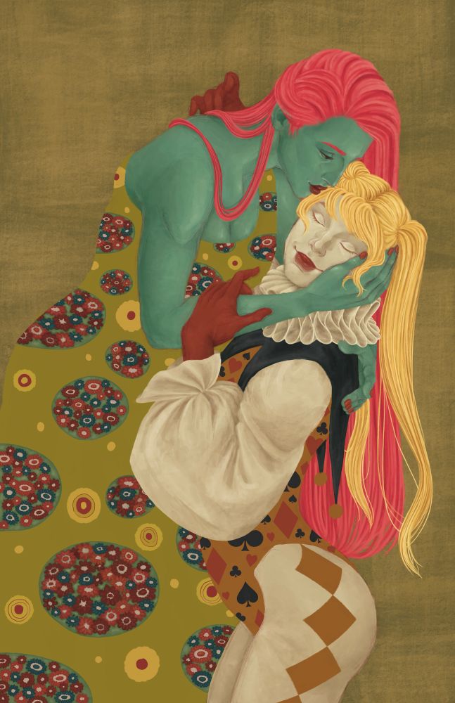 An illustration, heavily inspired by Klimt’s “The Kiss,” of Poison Ivy, draped in a floral-patterned dress, kissing the temple of Harley Quinn, who is wearing a ruffled collar and a leotard that is patterned in card suits.