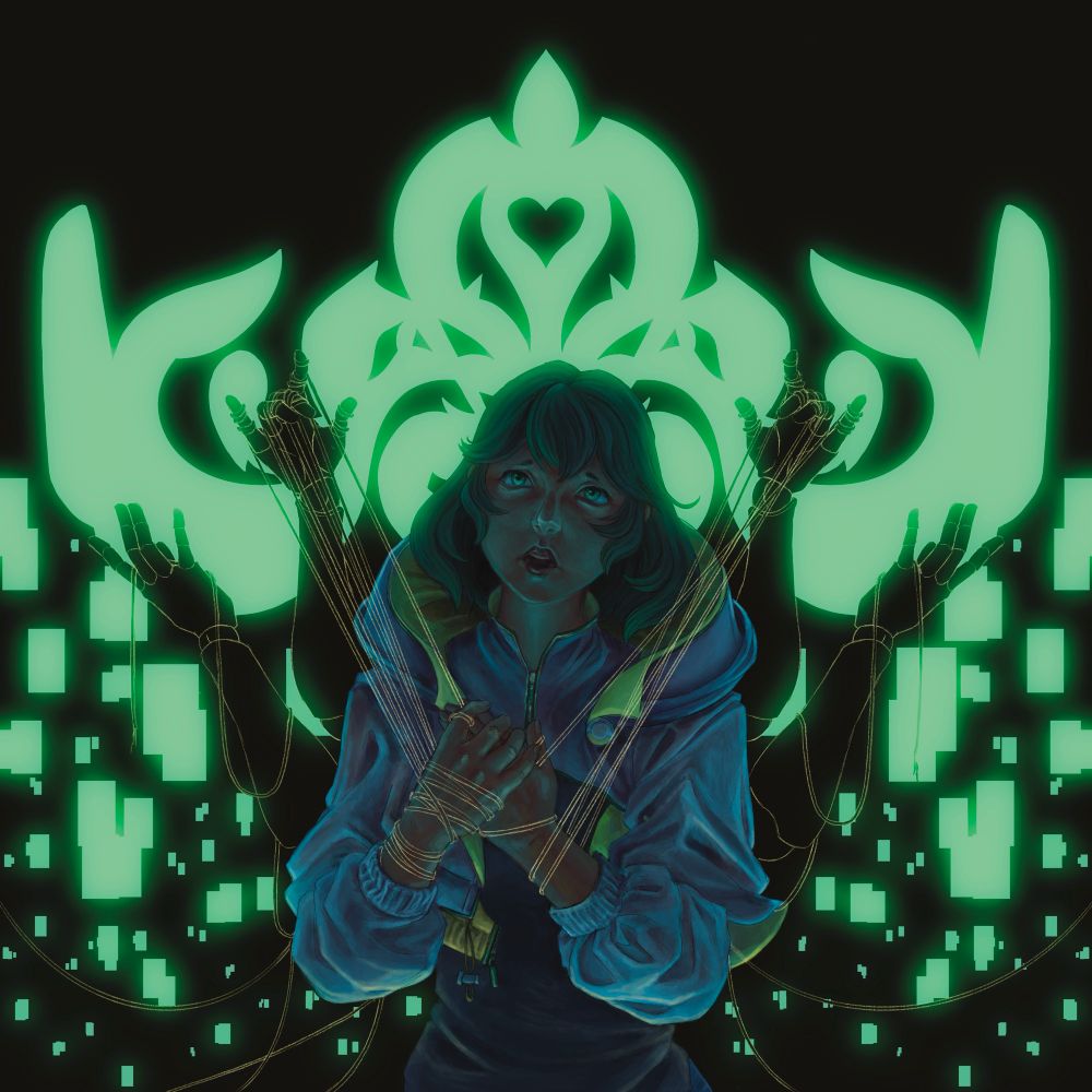 A waist-up illustration of Sphene in her 7.2 outfit. Behind her is the glowing silhouette of the queen’s regulator. Two sets of jointed hands are sprouting from her back and pulling on wires that bind Sphene’s wrists. 