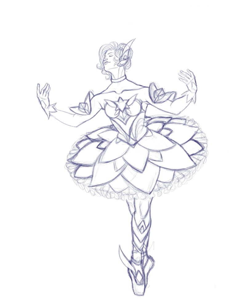 Star Guardian Orianna from League of Legends posed as a ballerina on her toe tips, leaning slightly forward with legs together and hands extended outwards from her sides. 