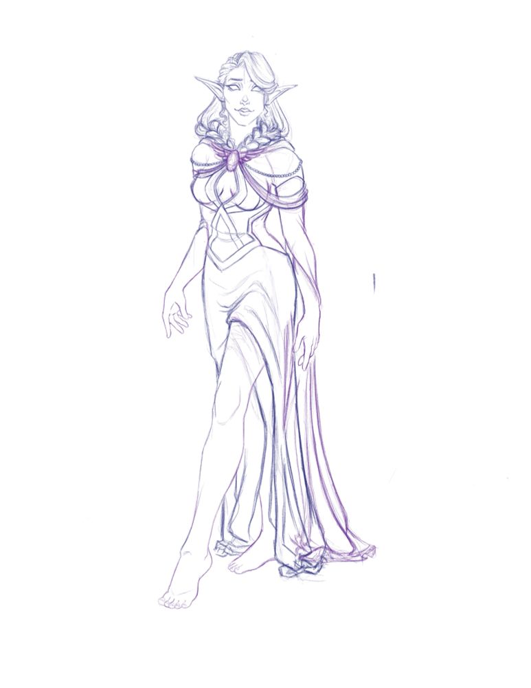 A sketch wip of an elven woman in a gown with long open gloves. Her hair is in two connected braids that rest on her shoulders. She is smiling and notably has no pupils. 