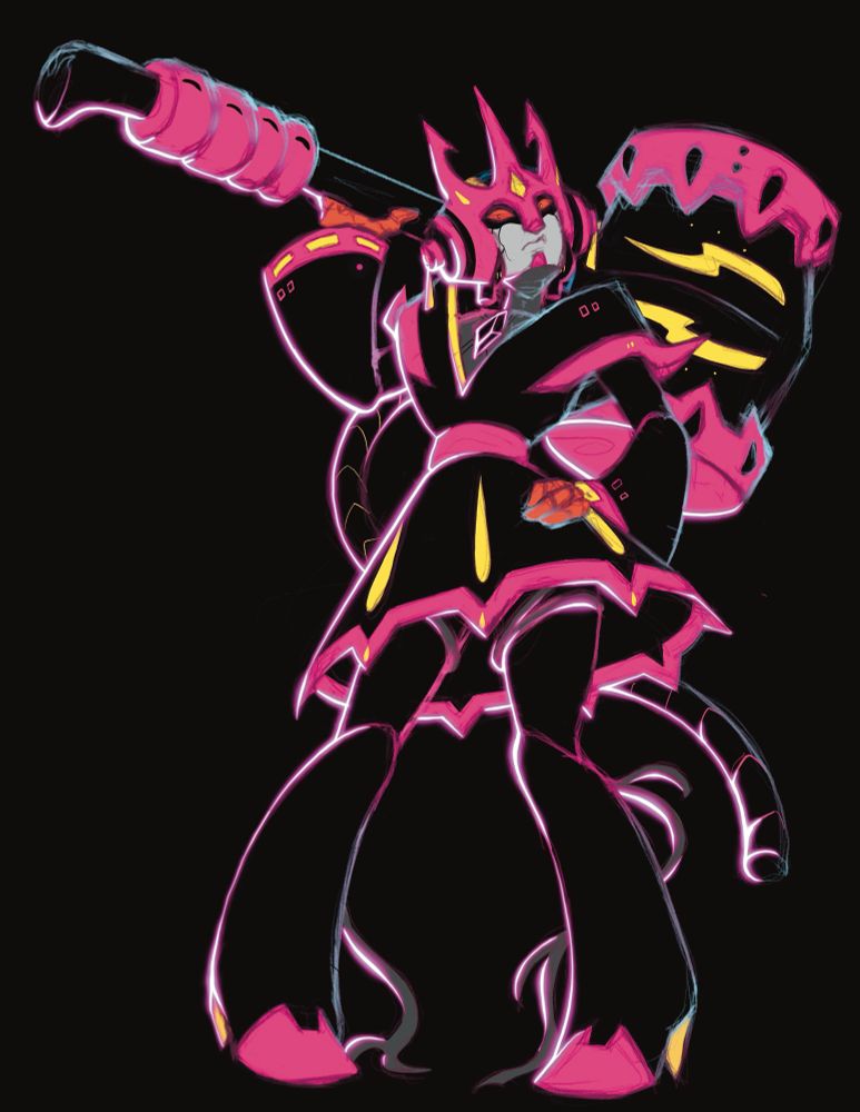 A colored sketch of a pink, black, and yellow transformers oc. She is wielding a large hammer with one hand, and the other hand is on her hip. Her head is tilted slightly, and she is looking down at the camera. There is pink rim lighting along the left side of the figure. 