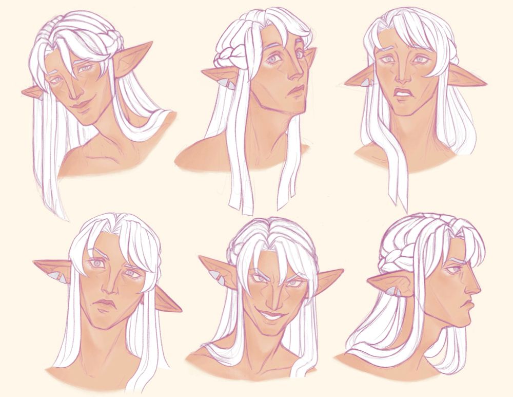 Character expression sheet of an elf ( Elezen ) with white hair. From right to left, the expressions are reminiscent of the following: a soft smile, intrigue, dismay, confusion, a kind of manic smile, and a pouting expression 