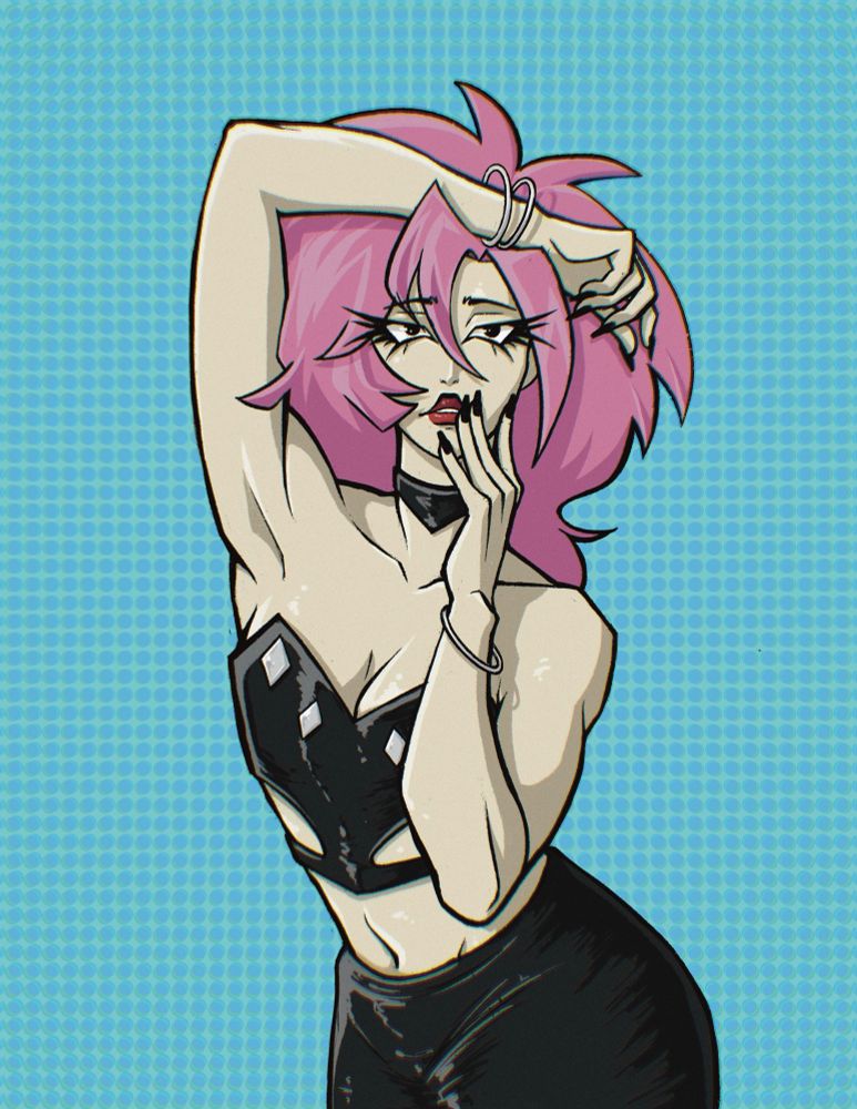 A cel-shaded illustration of a rockstar with fluffy pink hair, a black pleather tube top, and a black pleather pencil skirt. Her right arm is draped over her forehead and her left hand is touching her cheek. She is staring into the camera, and her lips are slightly parted. The background is light blue with patterned dots. 