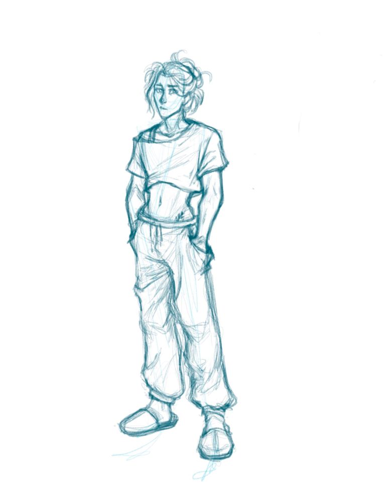 Sketch of a person standing with hands in pockets, wearing a crop top, sweatpants, and slippers, with hair in a messy bun