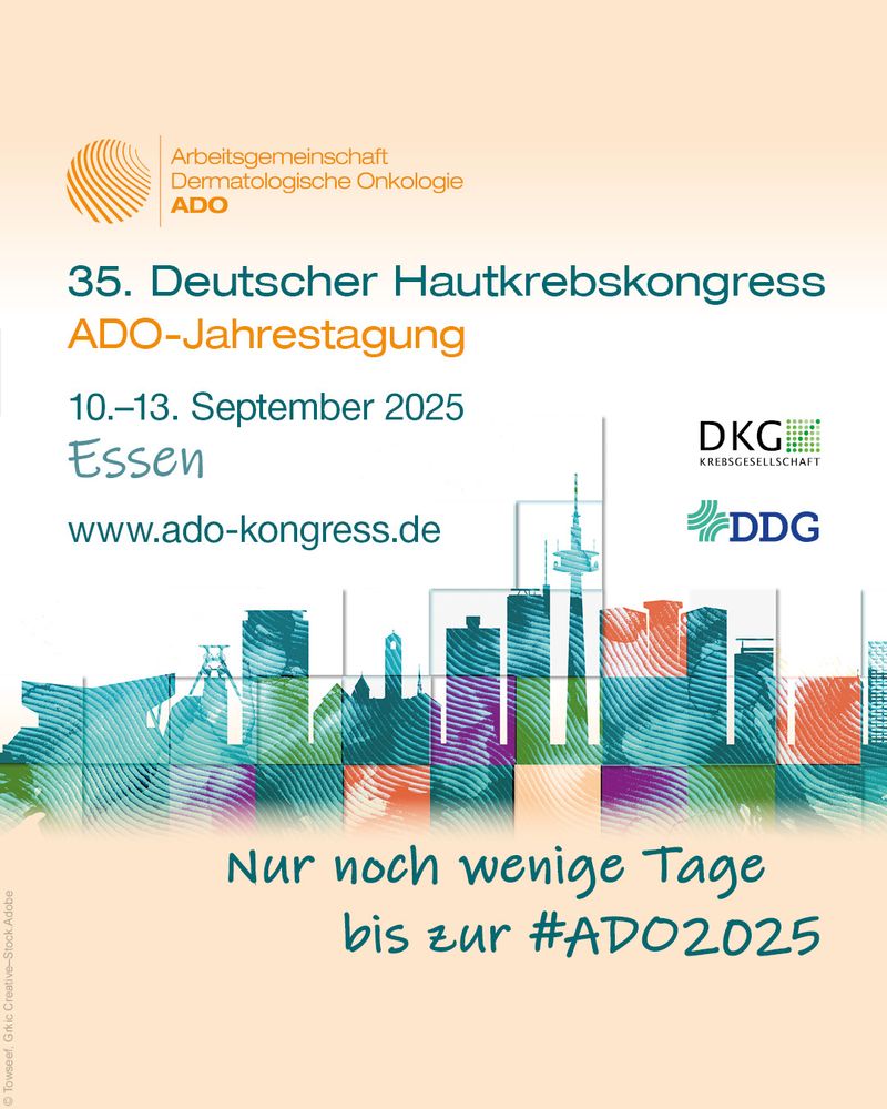 Kachel zum Deutschen Hautkrebskongress mit Datum und Ort und der Aufschrift "Nur noch wenige Tage bis zur #ADO2025"