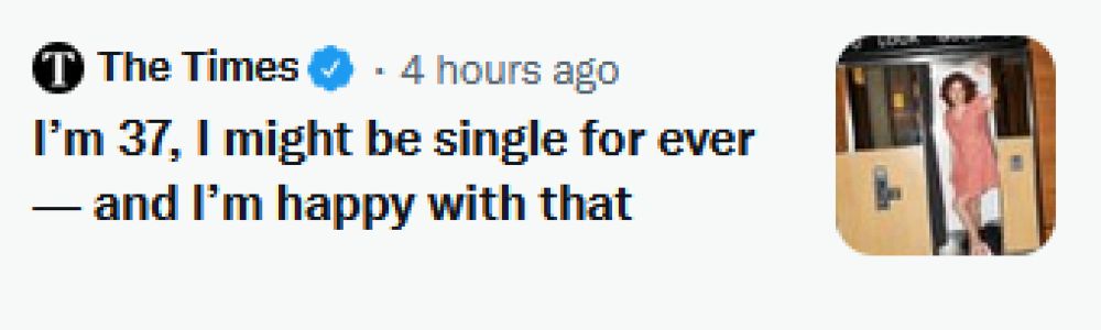 Times headline that says "I'm 37, I might be single forever, and I'm happy with that."