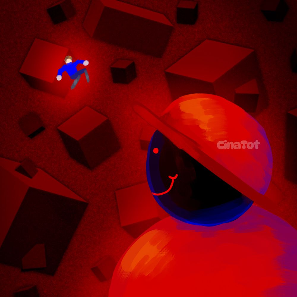 A drawing of Exbungo from the game, FNF vs Dave and Bambi staring off into the void with a small floating figure similar to Dave from the same series in the distance.