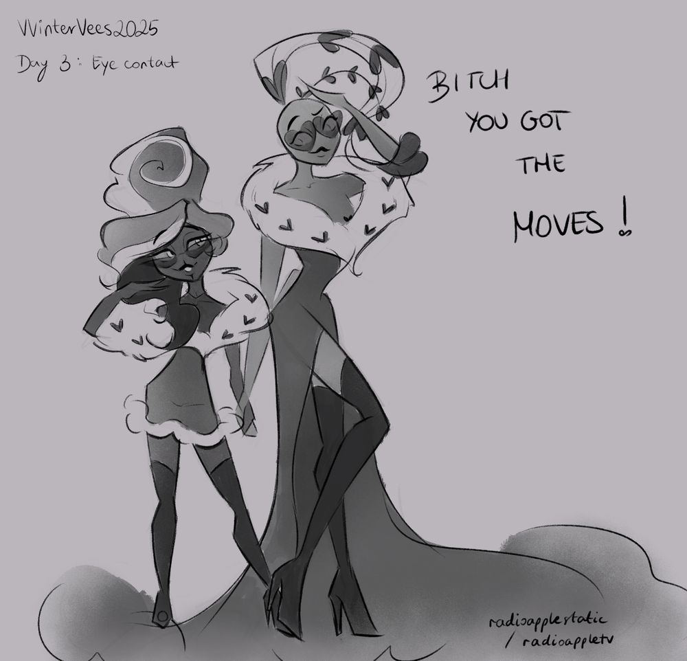 the sketch of two hazbin hotel characters - velvette and valentino in matchin outfits striking poses for the photoshoot