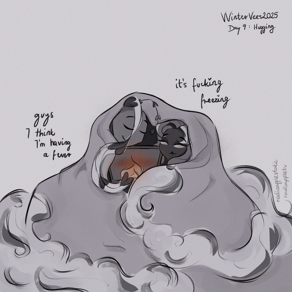 the drawing of hazbin hotel characters hugging under the blanket (valentino's wings), it's freezing outside and the only warmth comes from vox and the fire on his screen. vox might have a fever