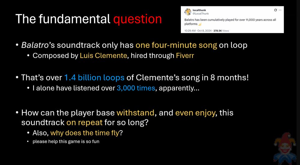 Slide from Nolan's talk asking how players can so readily listen to the same four-minute piece of music thousands of times.