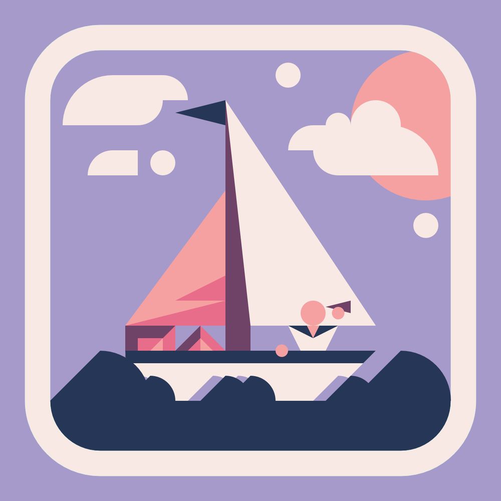 Minimalist art depicting a man looking out to sea on a small sail boat