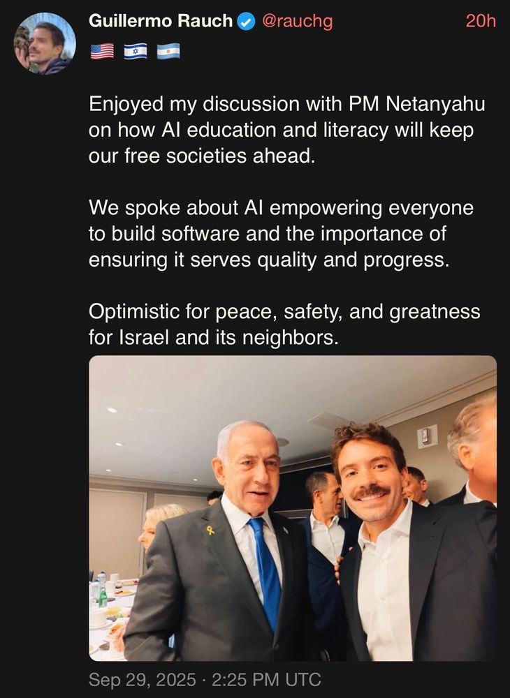 Vercel CEO Guillermo Rauch praising Bibi Netanyahu. 