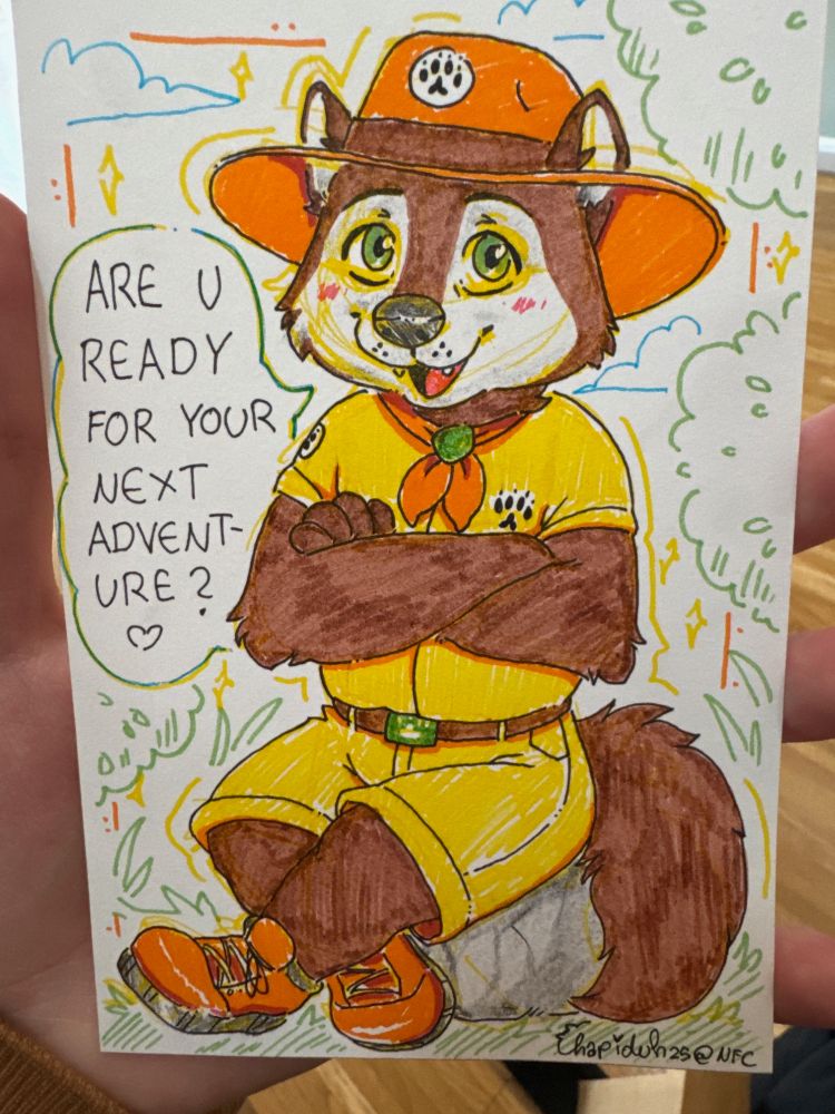 it's wiley of the great wolf kids in his full project green wolf outfit, bucket hat and all, sitting cross-legged on a rock, looking shyly at you, and asking "are u ready for your next adventure?"