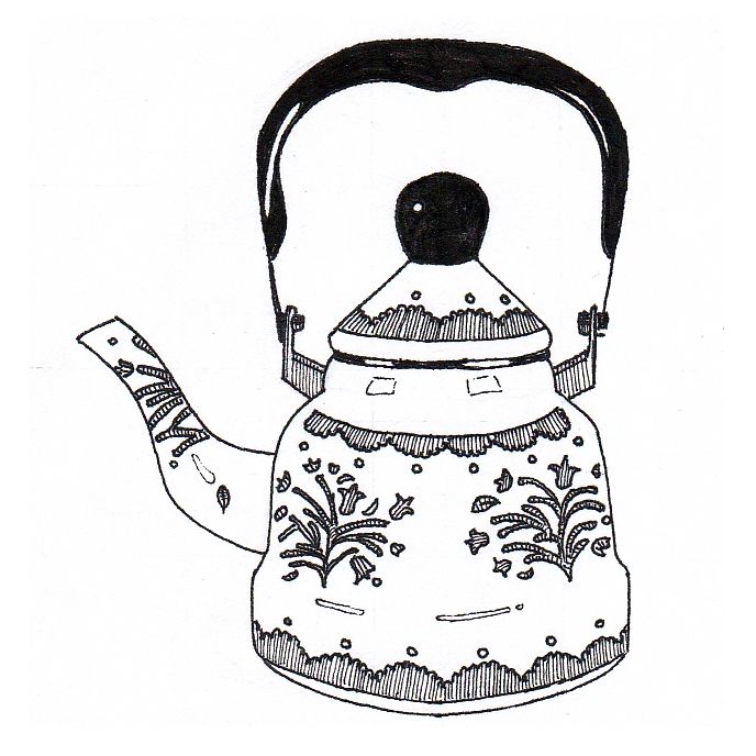 An ink drawing of a painted enamel teakettle.