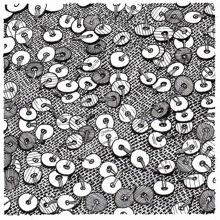 An ink drawing of sequins loosely sewn to fabric, in a close-up.
