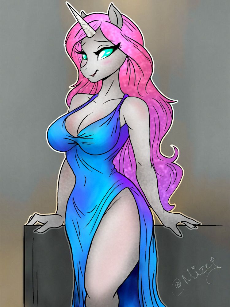 A portrait of an attractive anthropomorphic unicorn lady with long hair that goes from pink to violet, wearing a blue sheath dress with a slit up one leg and thin shoulder straps. 