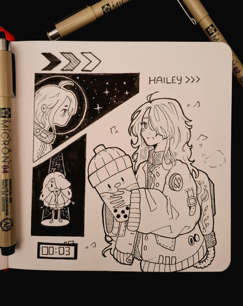 OC Hailey, the right side image shows her holding a huge cup of bubble tea. The left sides are a side profile and a mini version of herself.