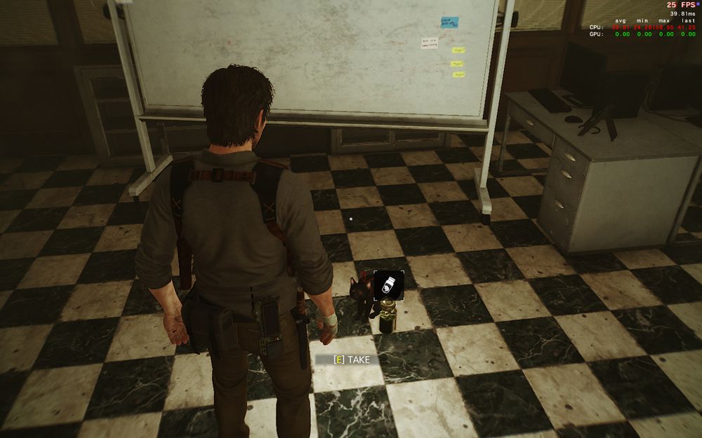 The same game and room but the cat appears on the floor. There is a white board in front of Sebastian and the cat is giving to him a green jar, standing beside it.