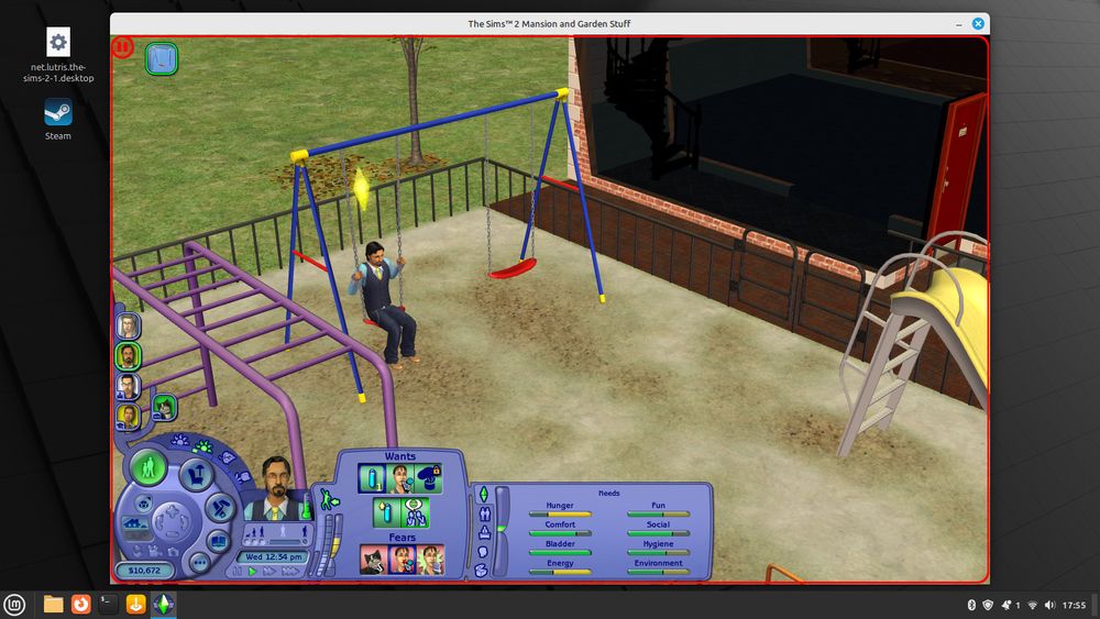 Screenshot of The Sims 2 running in Linux Mint. Inside the app there is a gameplay where the player camera is outside the apartment and one Sim is playing with the swing set.