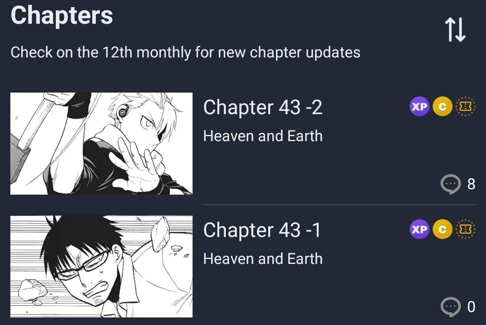Screenshot from the Manga Up! app of chapter 43 1 and 2 titled "heaven and earth". The image previews show Jin and Yuru