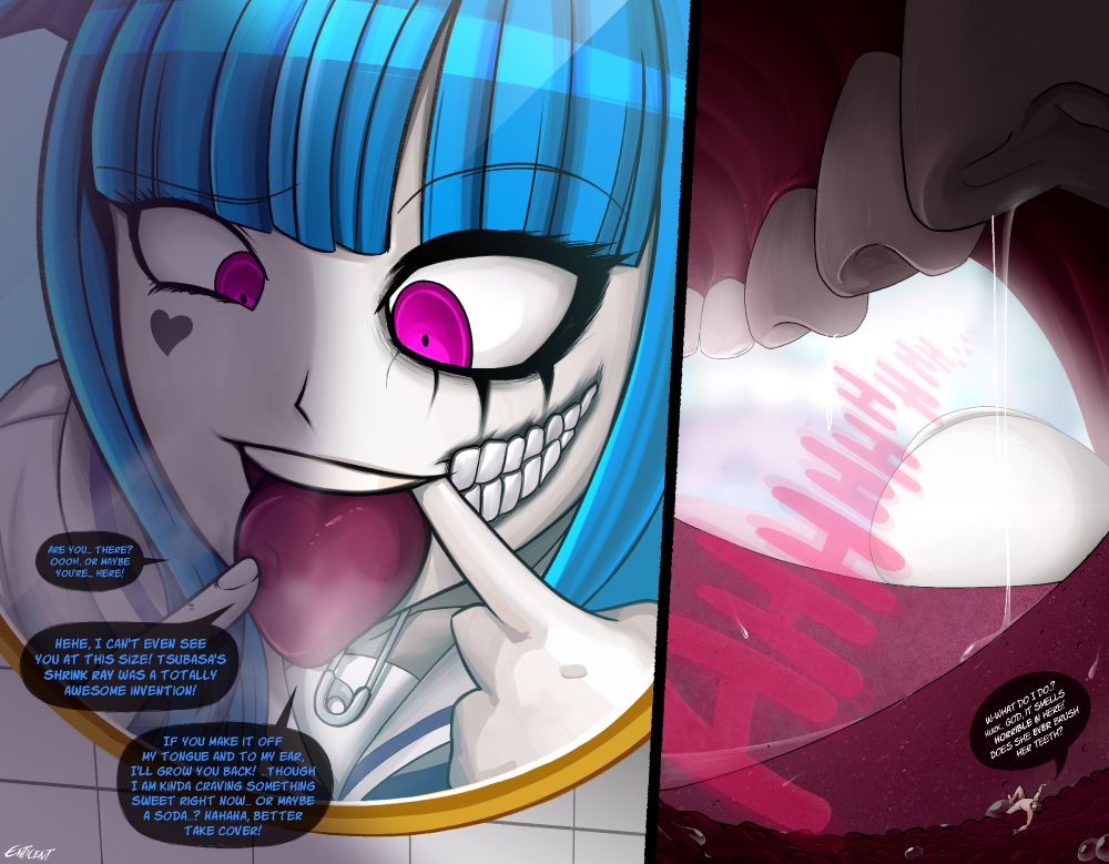 A giantess art piece of Darumi Amemiya from Hundred Line Academy, sticking her tongue out while staring at it in a mirror, and feeling it with her finger, trying to find the microscopic tiny who is clung to the tastebuds of her mouth.

Darumi: "Are you... there? Oooh, or maybe you're... here! Hehe, I can't even see you at this size! Tsubasa's shrink ray was a totally awesome invention! If you make it off my tongue and back to my ear, I'll grow you back! ...Though I am kinda craving something sweet right now... Or maybe a soda...? Hahaha, better take cover!"

Shrunken OC: "W-What do I do..? Hurk... God, It smells horrible in here! Does she ever brush her teeth?"