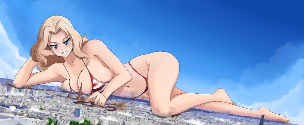 A giantess Kay from Girls Und Panzer in an American flag bikini laying across Paris - writing "USA" with her finger into the Earth below.
