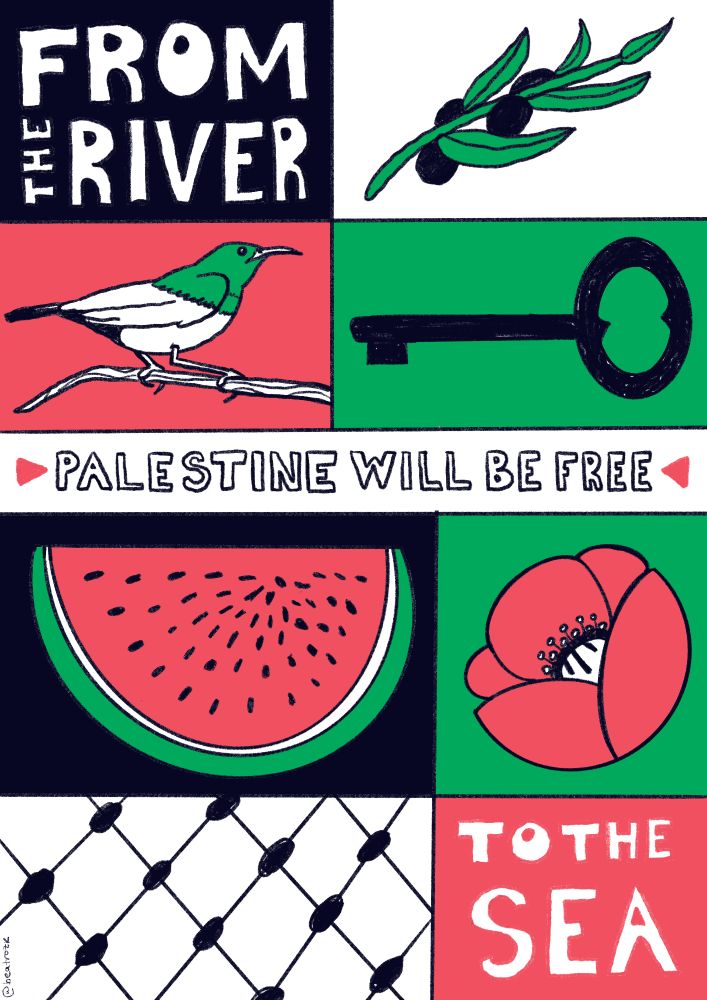 Cartel ilustrado con el texto "From the river (esquina superior izquierda) to the sea (esquina inferior derecha) Palestine will be free (centro de la imagen)" que traducido es "Desde el río hasta el mar, Palestina vencerá (será libre, literalmente)".
También hay diferentes viñetas de una rama de olivo con aceitunas negras (esquina superior derecha), un suimaga palestino en una rama (izquierda debajo de la esquina superior), una llave (derecha, debajo de la esquina superior derecha), una rodaja de sandía (izquierda, debajo de la parte central), una amapola (derecha, debajo de la parte central), y el estampado que simula las redes de pescar de las kufiyas (esquina inferior izquierda).
Este diseño está sólo hecho con los colores verde, rojo, blanco y negro. 
Se trata de un boceto porque aunque las masas de color sean sólidas, la línea está en textura de lápiz.