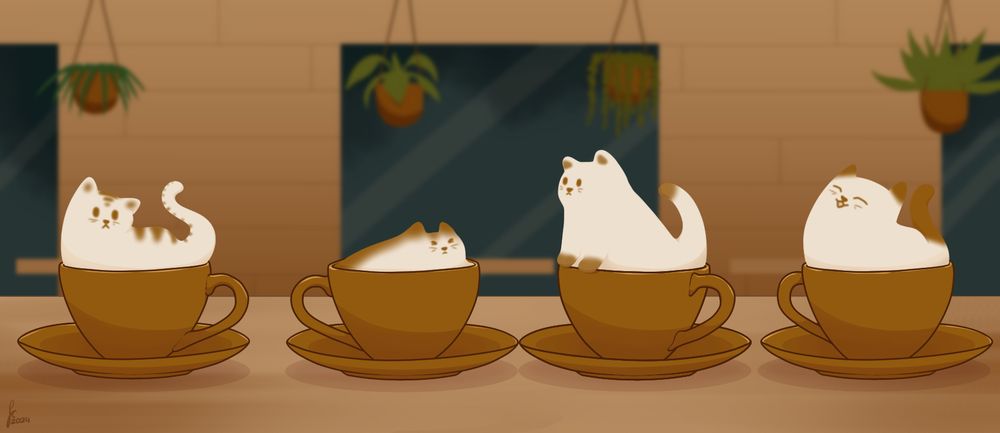 A drawing of four coffee cups, which contain cat-shaped latte art that has come to life.