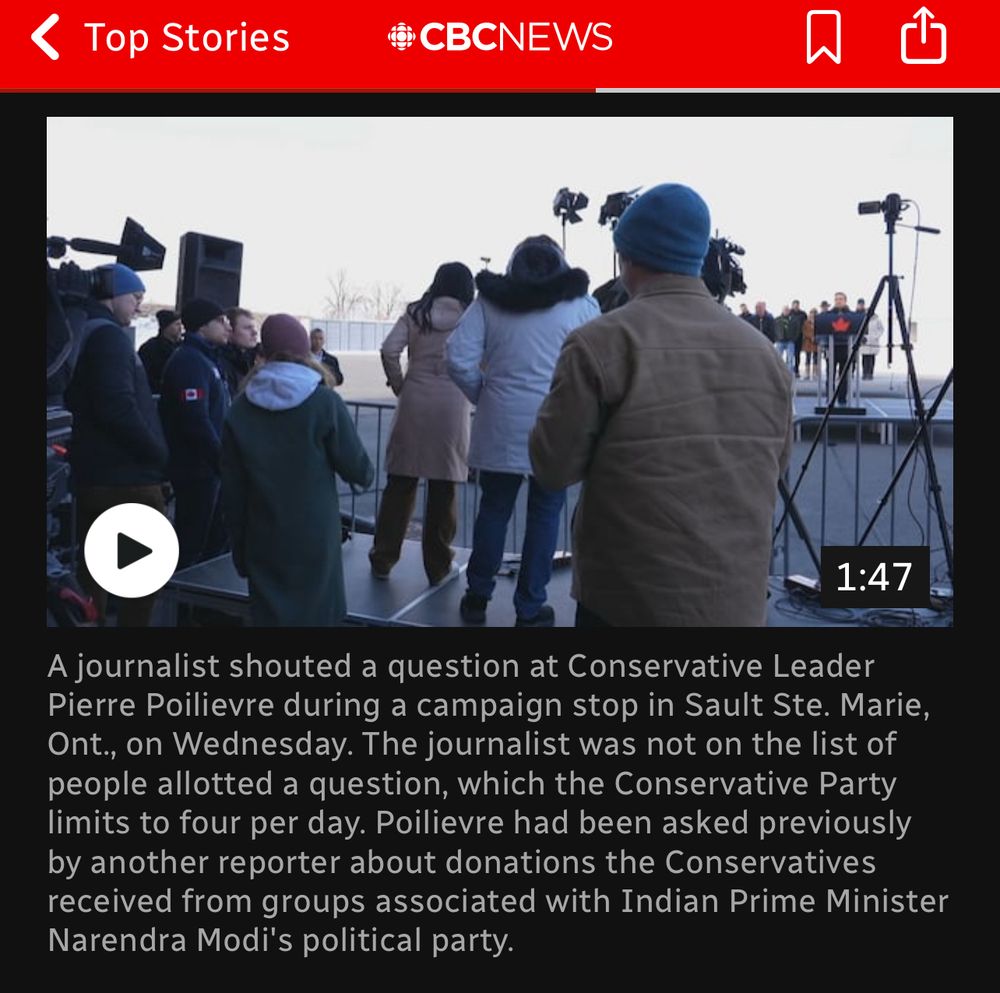 A journalist shouted a question at Conservative Leader Pierre Poilievre during a campaign stop in Sault Ste. Marie, Ont., on Wednesday. The journalist was not on the list of people allotted a question, which the Conservative Party limits to four per day. Poilievre had been asked previously by another reporter about donations the Conservatives received from groups associated with Indian Prime Minister Narendra Modi's political party.