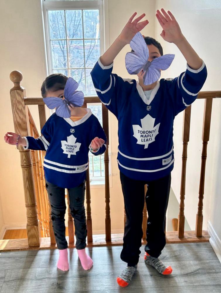 Pic of my grandkids wearing Leafs jersey to school today, after winning the Battle of Ontario last night against the Sens for the first round playoff. This gran’s work is done and done. 