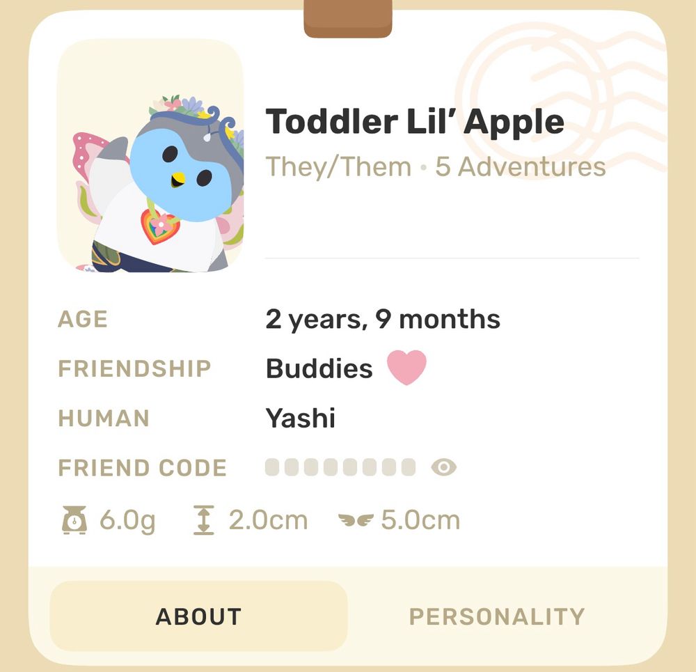 A screenshot of the Finch app character profile. The little bird is 2 years 9 months old, buddies with Yashi, has they/them pronouns, and is named Lil’ Apple. 