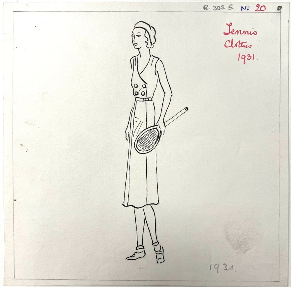 black line illustration of a woman in a knee-length, double-breasted sleeveless dress holding a tennis racket in her left hand. The image is captioned 'Tennis clothes 1931'