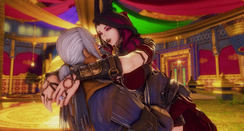 A screenshot of my FFXIV WoL Magdalene embracing Estinien in Radz-at-Han. She is grinning and has a stick of chocolate pocky in her mouth.