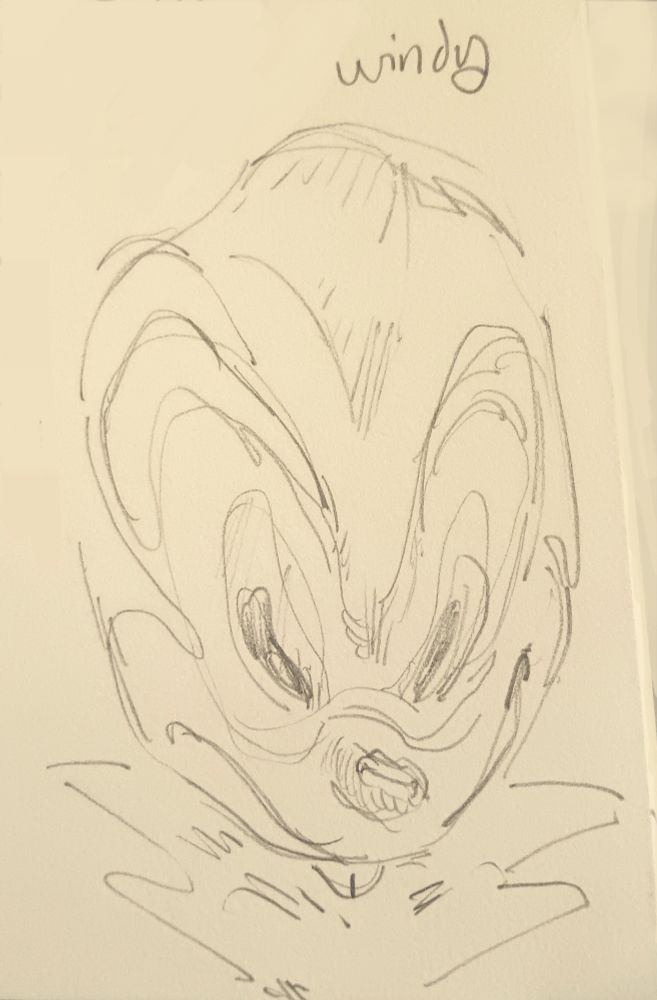 A pencil drawing of shadow the hedgehog with wind blowing in his face. His face is stretched out vertically in a comical way and his tongue is sticking out slightly. The text reads "windy".