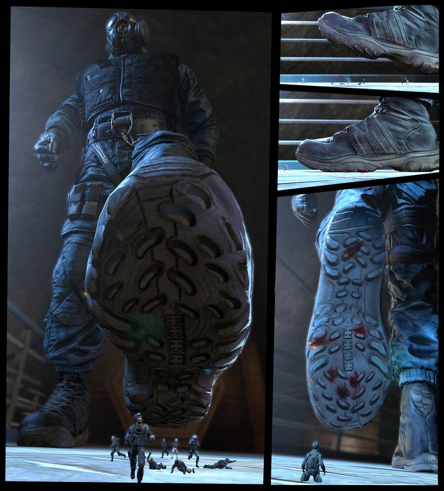 Thatcher from Rainbow six walking, unaware of shrunken soldiers below. They are all but one crushed by a single step, leaving the sole survivor to stare in horror at the remains of his squad plastered against a dirty boot.