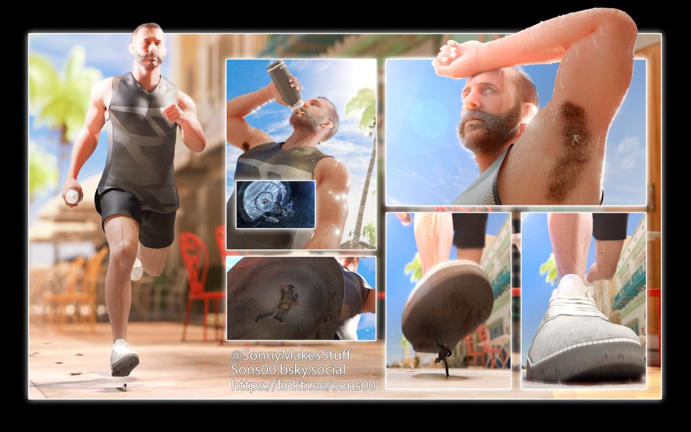A very sweaty Captain Price from Call of Duty going for a run with several tiny squad mates in various compromising situations. One getting crushed under his sneaker, one trapped in the sneaker pinned beneath a dirty sock, another trapped in his pit, and a final one stuck in his water bottle as he takes a large swig.
