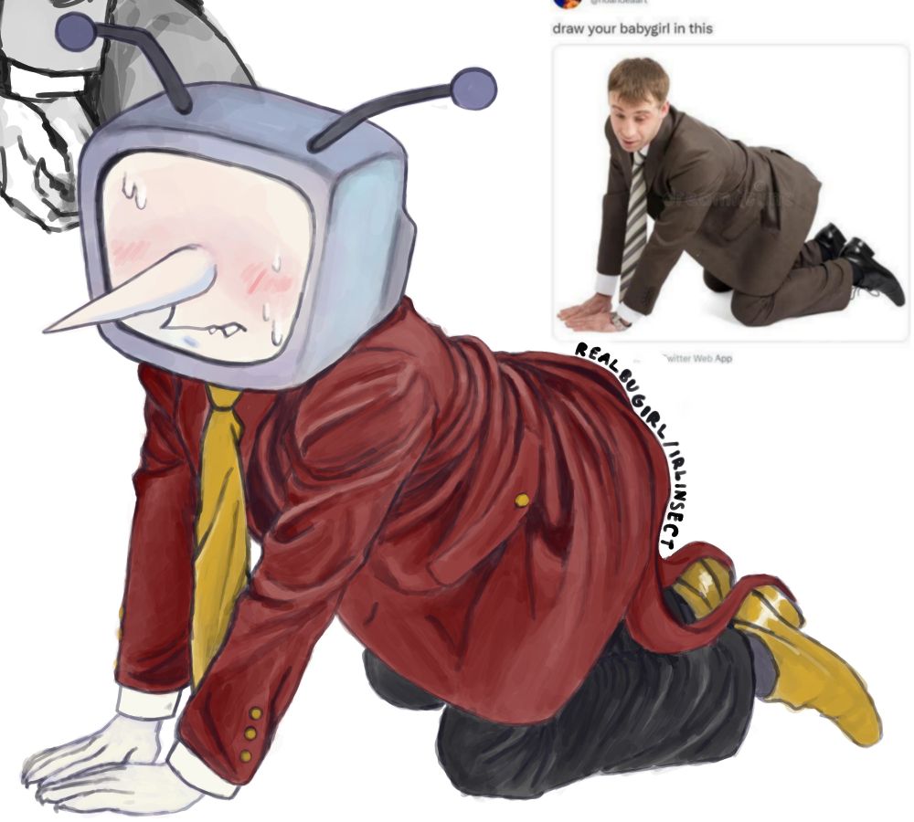 colored digital sketch of tenna from deltarune drawn in a semi realistic style, on his hands and knees and looking visibly flustered and nervous