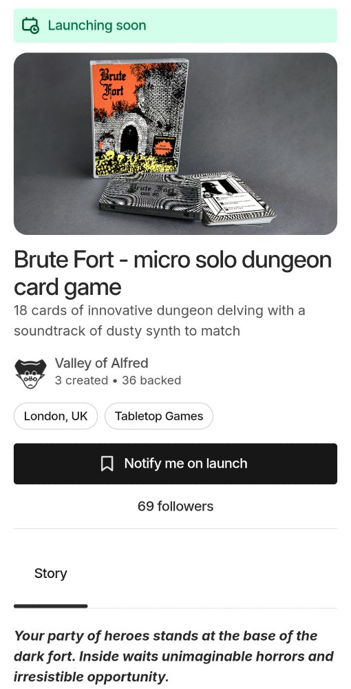 Screenshot of Kickstarter pre-launch page for Brute Fort, showing 69 followers. Nice.
