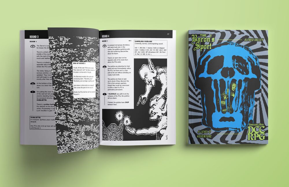 mockup of The Baron's Sport zine on green background, featuring front cover depicting a blue skull with a green shaded person trapped within its jaw accompanied by a DCC RPG logo