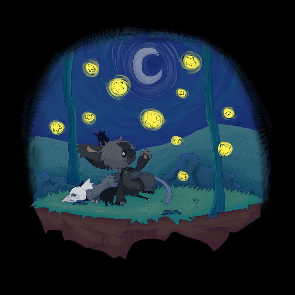 an art piece showcasing two creatures. A bagbean and a griffon.

The dark gray "bagbean" (Bagbean are a creature in the ARPG "Kingdom's of Griffia") is sitting on the ground leaning agaisnt a Griffon while staring up at floating stars in the sky. They are in a field with sparse trees. 

It is night, the moon is crescent shaped.

The griffon is gray with a lighter head.